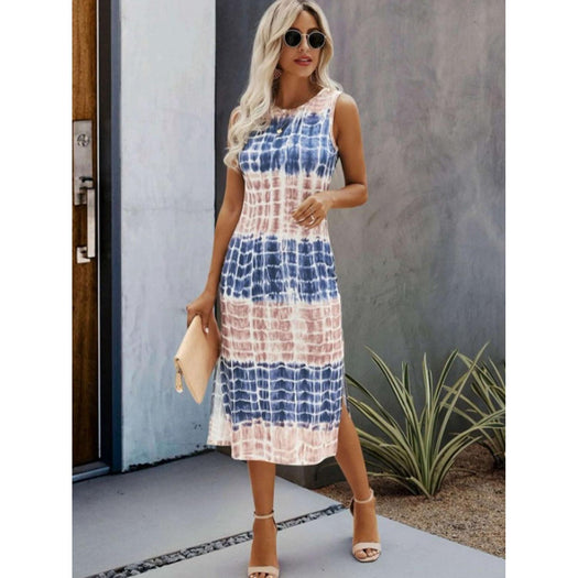 Slit Printed Round Neck Sleeveless Dress