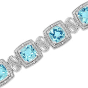 Bids.com .925 Sterling Silver 7x7 mm Cushion Cut Blue Topaz and 1/10 Ctw Single Cut Diamond Square Shape Tennis Bracelet (I-J Color, I1-I2 Clarity) - 7" Bracelets