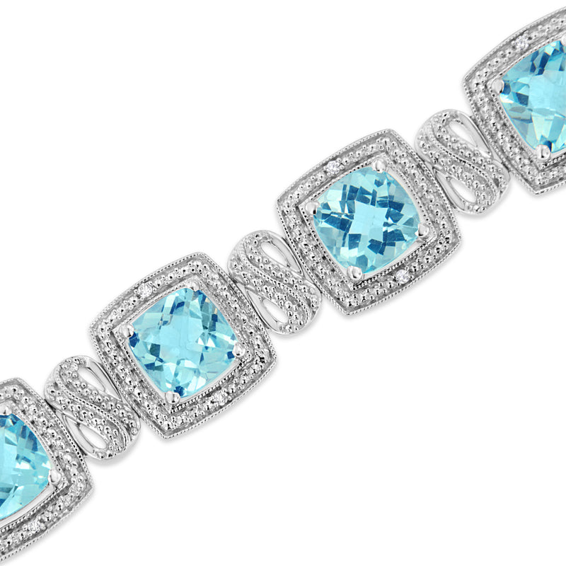 Bids.com .925 Sterling Silver 7x7 mm Cushion Cut Blue Topaz and 1/10 Ctw Single Cut Diamond Square Shape Tennis Bracelet (I-J Color, I1-I2 Clarity) - 7" Bracelets