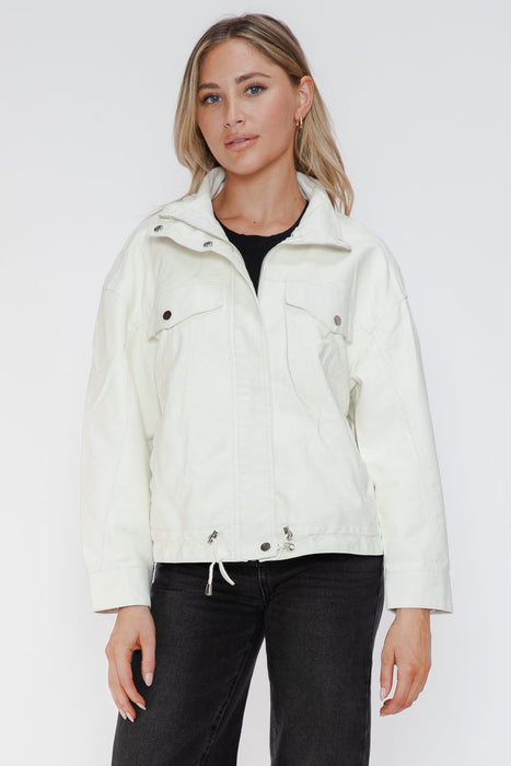 Drawstring Hem PU Leather Zip Up Jacket