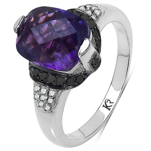Bids.com 3.71 Carat Genuine Amethyst, Black Diamond & White Diamond .925 Sterling Silver Ring Rings