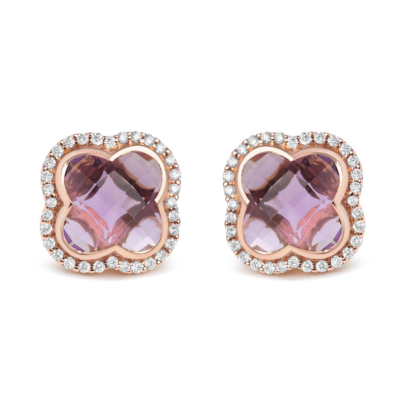 Bids.com 18K Rose Gold 3/8 Cttw Diamond and 11x11mm Clover-Cut Purple Amethyst Gemstone Clover Halo Stud Earrings (G-H Color, SI1-SI2 Clarity) Earrings