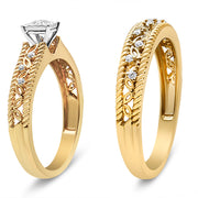 Bids.com 14K Yellow Gold Plated .925 Sterling Silver 1/5 Cttw Diamond Art Deco Style Engagement Ring Bridal Set (I-J Color, I3 Clarity) - Ring Size 7 Rings