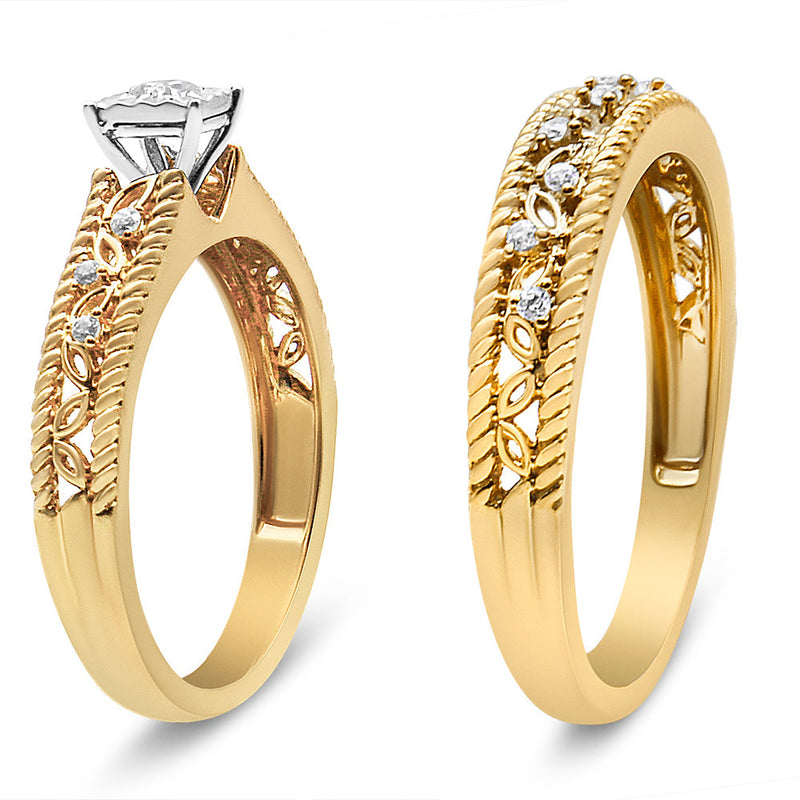Bids.com 14K Yellow Gold Plated .925 Sterling Silver 1/5 Cttw Diamond Art Deco Style Engagement Ring Bridal Set (I-J Color, I3 Clarity) - Ring Size 7 Rings