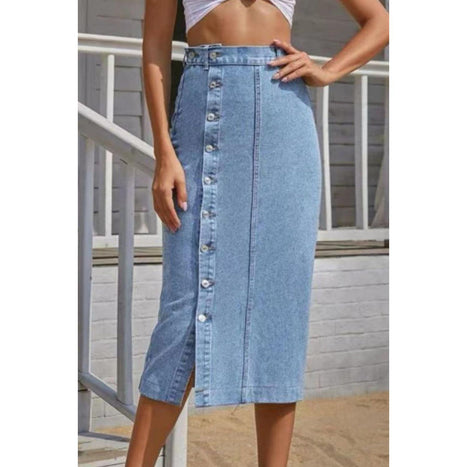 Button Fly Split Denim Skirt