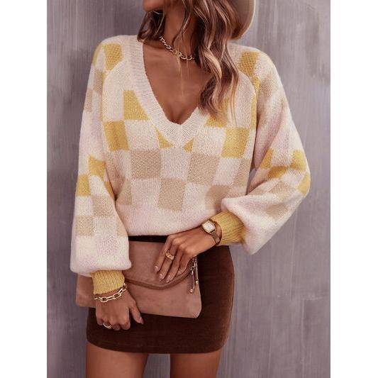 Checkered V-Neck Lantern Sleeve Sweater