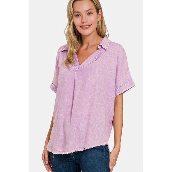 Zenana Washed Linen Raw Hem V-Neck Shirt