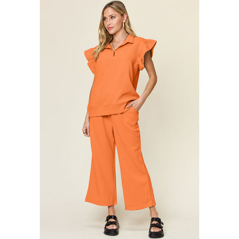 Texture Ruffle Short Sleeve Top and Drawstring Wide Leg Pants Set