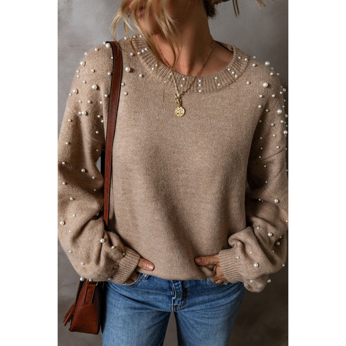 Pearl Detail Round Neck Long Sleeve Sweater