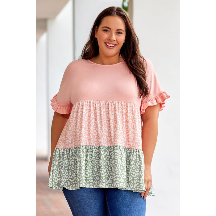 Ruffled Short Sleeve Leopard Splicing Flowy Plus Size Top