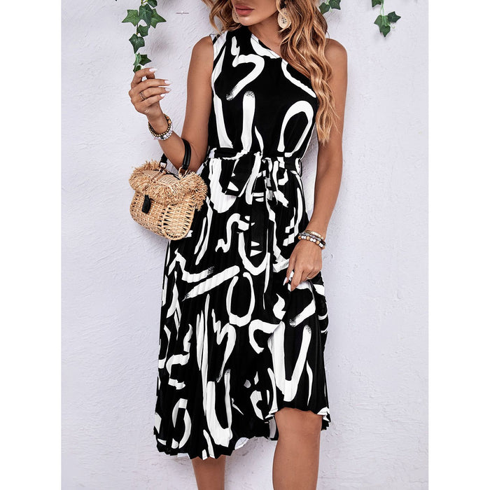 Printed Single Shoulder Tie Waist Dress