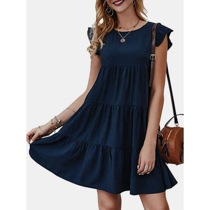 Ruffled Round Neck Cap Sleeve Mini Dress