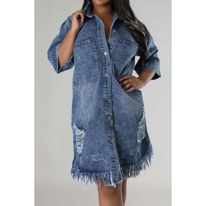 Distressed Raw Hem Button Up Denim Dress