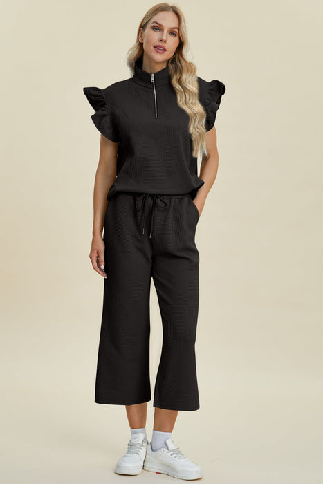 Texture Ruffle Short Sleeve Top and Wide Leg Pants Set