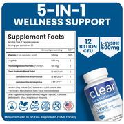 Clear Wellness 360 Lysine + Probiotic Supplement for Cold Sore Support | Lip & Skin Health + Immune Support Probiotics Plus