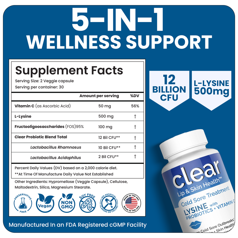 Clear Wellness 360 Lysine + Probiotic Supplement for Cold Sore Support | Lip & Skin Health + Immune Support Probiotics Plus