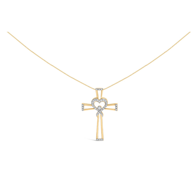 Bids.com 14K Yellow Gold Plated .925 Sterling Silver 1/6 Cttw Diamond Interlocking Heart and Ribbon Cross Pendant Necklace (H-I Color, I2-I3 Clarity) - 18" Inches Necklaces