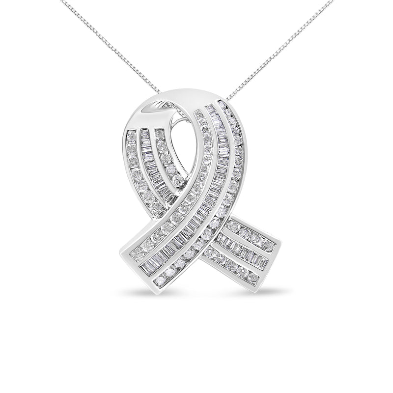 Bids.com 14K White Gold 2 5/8 Cttw Channel Set Round and Baguette Diamond Awareness Ribbon Pendant (H-I Color, I1-I2 Clarity) - Chain Not Included Necklaces