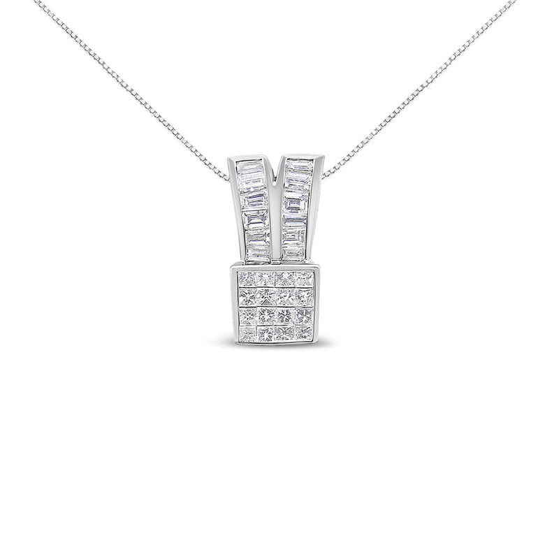 Bids.com 14K White Gold 1 5/8 cttw Princess and Baguette Cut Diamond Heart Ribbon Pendant Necklace (G-H, VS1-VS2) Necklaces