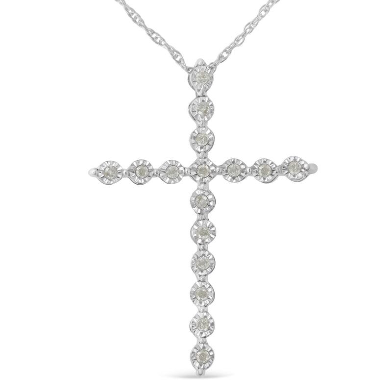 Bids.com .925 Sterling Silver 1/6 Cttw Brilliant-Cut Diamond Miracle-Set Shared Prong Cross 18" Pendant Necklace (I-J Color, I2-I3 Clarity) Necklaces