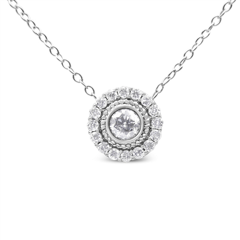 Bids.com .925 Sterling Silver 1/2 Cttw Round Diamond Halo Circle Pendant 18" Necklace (I-J Color, I2-I3 Clarity) Necklaces