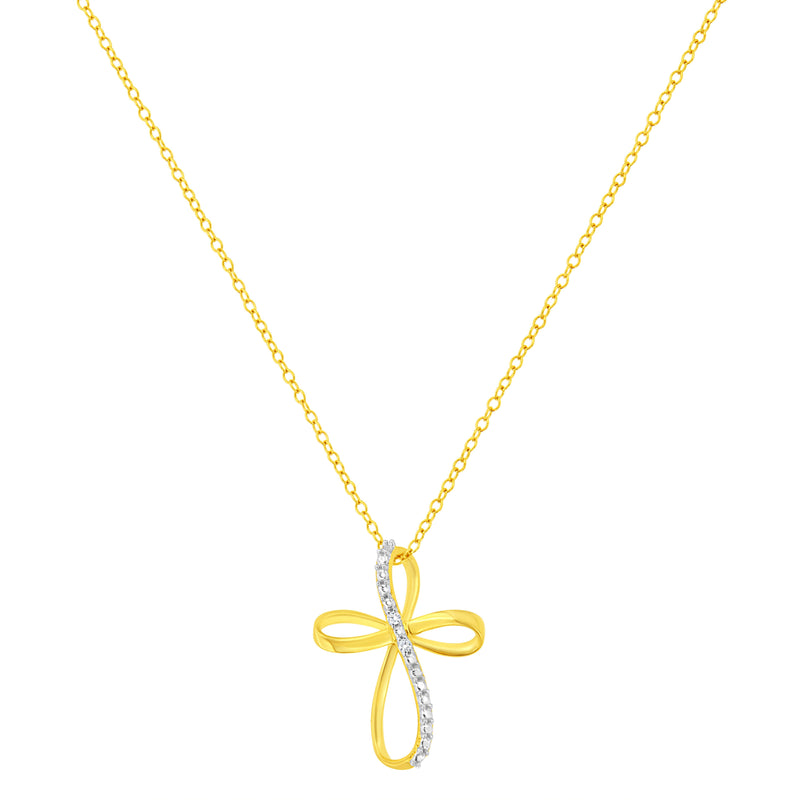 Bids.com 10K Yellow Gold Plated .925 Sterling Silver Diamond Accent Cross Ribbon 18" Pendant Necklace (I-J Color, I2-I3 Clarity) Necklaces