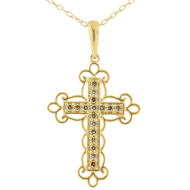 Bids.com 10K Yellow Flashed .925 Sterling Silver 1/4 Cttw Champagne Diamond Filigree Cross Pendant Necklace (K-L Color, I1-I2 Clarity) - 18" Necklaces