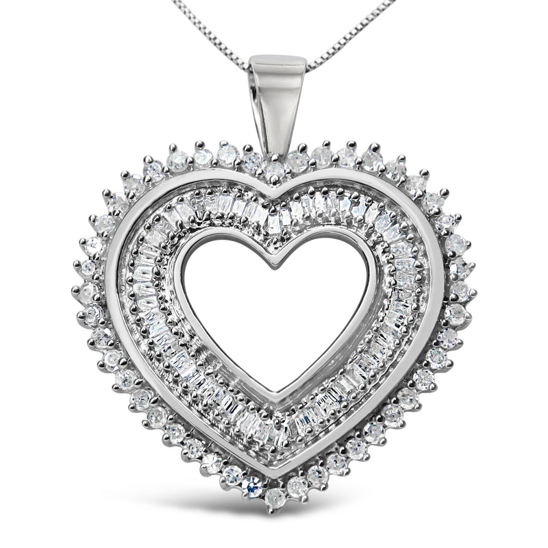Bids.com .925 Sterling Silver 1.0 Cttw Baguette and Round Diamond  Heart Pendant 18" Necklace (H-I Color, I3 Clarity) Necklaces