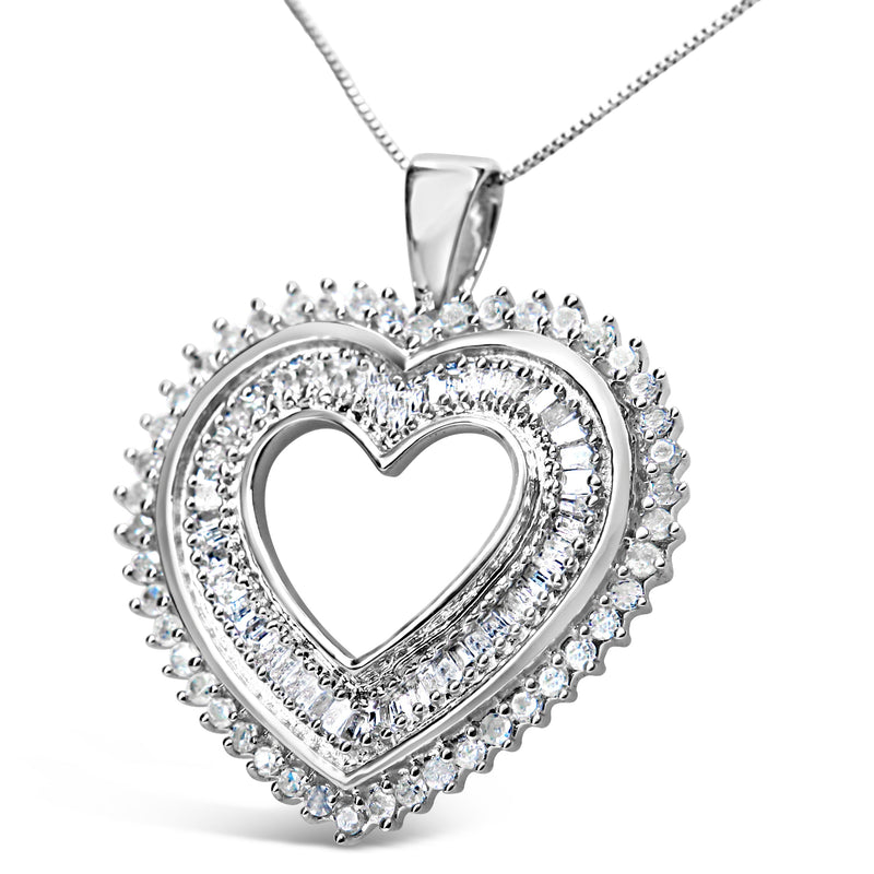 Bids.com .925 Sterling Silver 1.0 Cttw Baguette and Round Diamond  Heart Pendant 18" Necklace (H-I Color, I3 Clarity) Necklaces