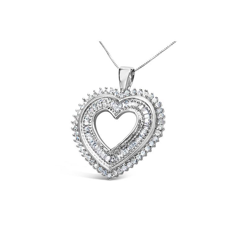 Bids.com .925 Sterling Silver 1.0 Cttw Baguette and Round Diamond  Heart Pendant 18" Necklace (H-I Color, I3 Clarity) Necklaces