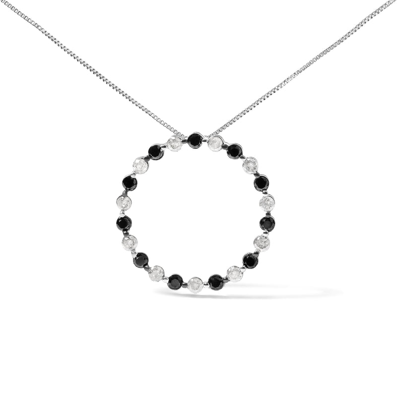 Bids.com .925 Sterling Silver 1 3/4 Cttw Alternating Black and White Diamond Open Circle Hoop Pendant Necklace (H-I Color, I2-I3 Clarity) - 18" Inches Necklaces