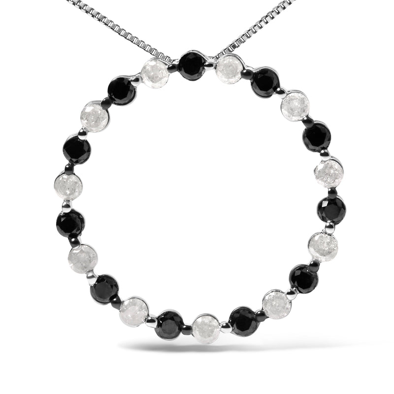 Bids.com .925 Sterling Silver 1 3/4 Cttw Alternating Black and White Diamond Open Circle Hoop Pendant Necklace (H-I Color, I2-I3 Clarity) - 18" Inches Necklaces