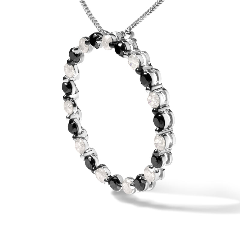 Bids.com .925 Sterling Silver 1 3/4 Cttw Alternating Black and White Diamond Open Circle Hoop Pendant Necklace (H-I Color, I2-I3 Clarity) - 18" Inches Necklaces