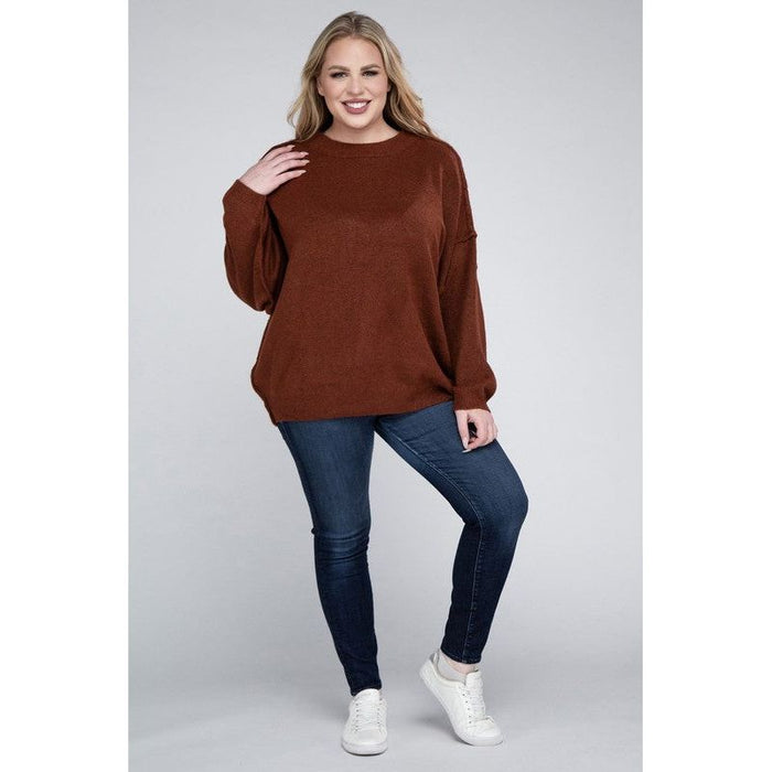 Plus Oversized Round Neck Raw Seam Melange Sweater