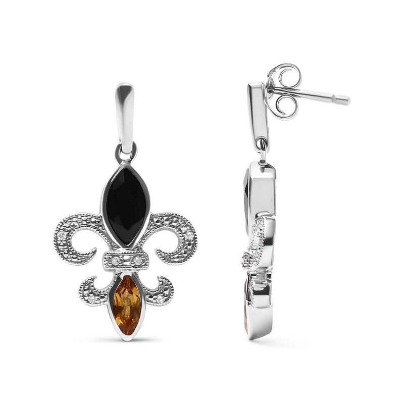 Bids.com .925 Sterling Silver Marquise Cut Onyx and Citrine with Diamond Accent Fleur De Lis Drop Stud Earrings (H-I Color, SI1-SI2 Clarity) Earrings
