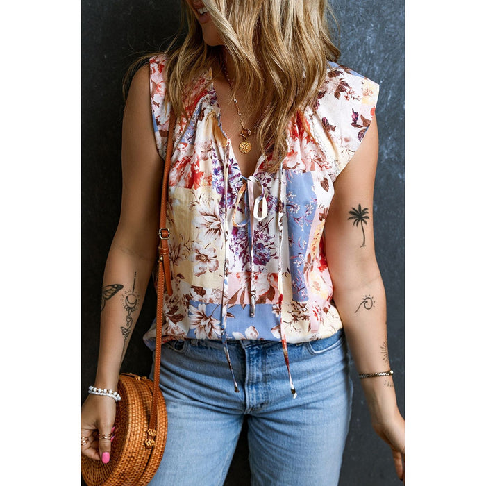 Printed Tie Neck Cap Sleeve Blouse