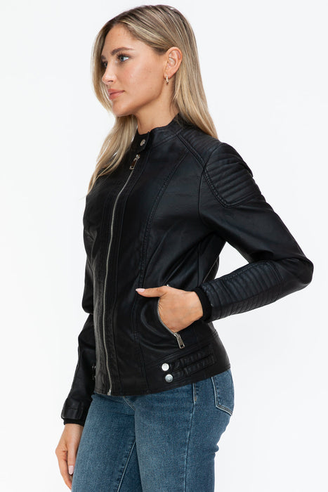 Faux Leather Biker Jacket with Side Zip Pockets