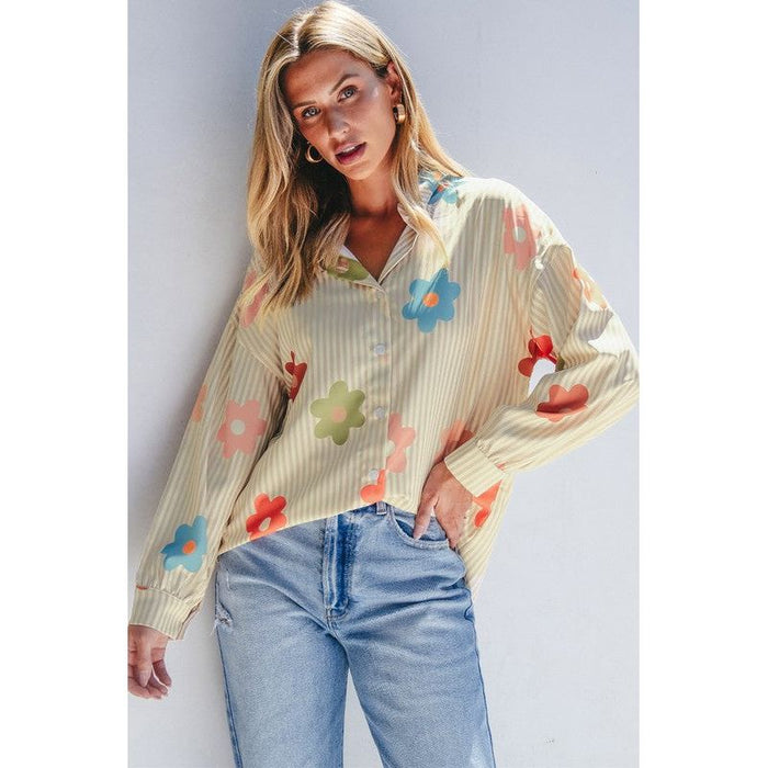 Flower Print Collared Button-up Loose Fit Blouse