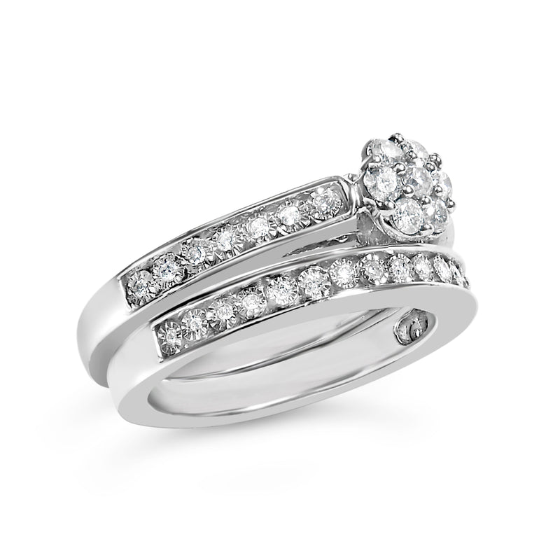 Bids.com Sterling Silver 1/2 Cttw Diamond Cluster Flower Bridal Set Rings