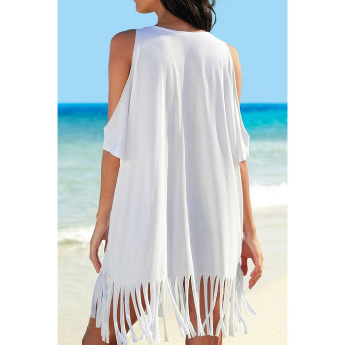 Fringe V-Neck Cold Shoulder Cover Up