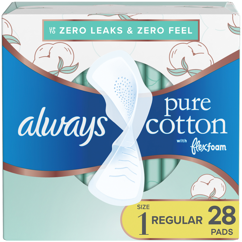 Always Always Pure Cotton FlexFoam Size 1 Regular Absorbency 3 Packs of 28 Feminine Pads & Protectors