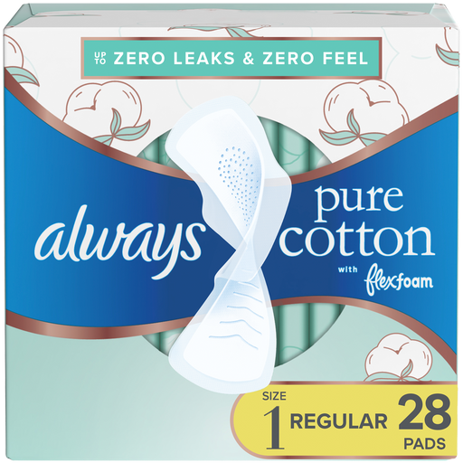 Always Always Pure Cotton FlexFoam Size 1 Regular Absorbency 3 Packs of 28 Feminine Pads & Protectors White Smoke