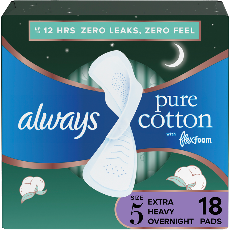Always Always Pure Cotton FlexFoam Size 5 Extra Heavy Flow 3 Packs of 18 Feminine Pads & Protectors