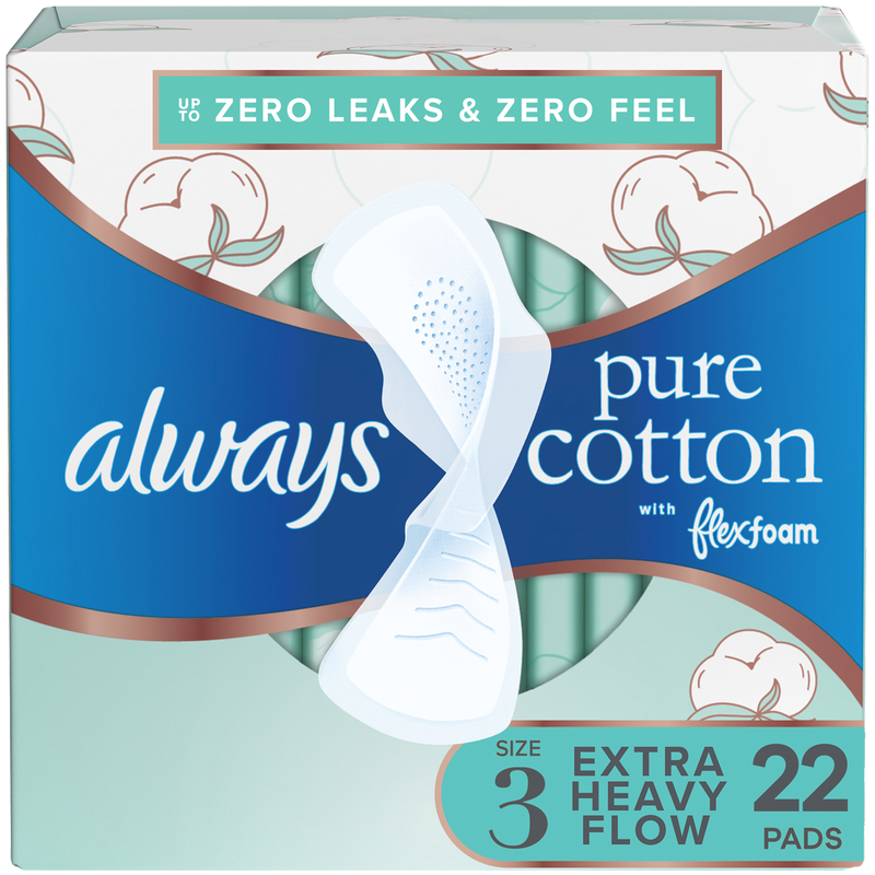 Always Always Pure Cotton Size 3 with FlexFoam Overnight Extra Heavy Flow Pads with Wings Health Care