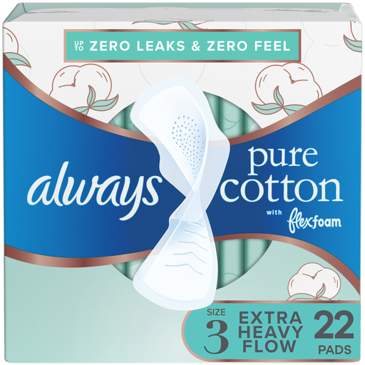 Always Always Pure Cotton Size 3 with FlexFoam Overnight Extra Heavy Flow Pads with Wings Health Care