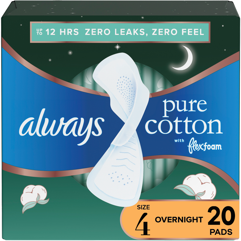 Always Always Pure Cotton FlexFoam Size 4 Overnight Absorbency 3 Packs of 20 Feminine Pads & Protectors