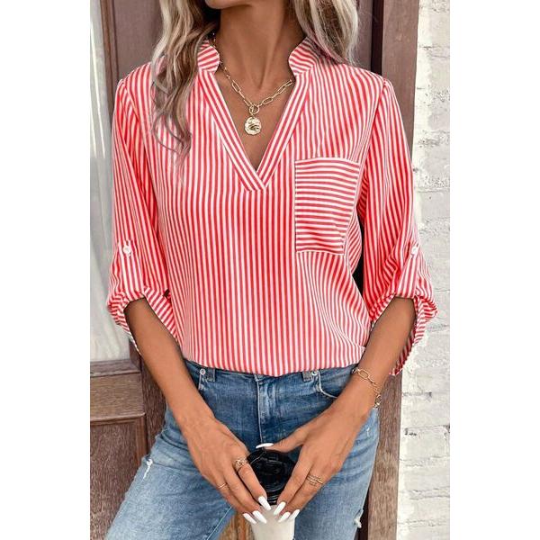 Striped Notched Roll-Tab Sleeve Shirt