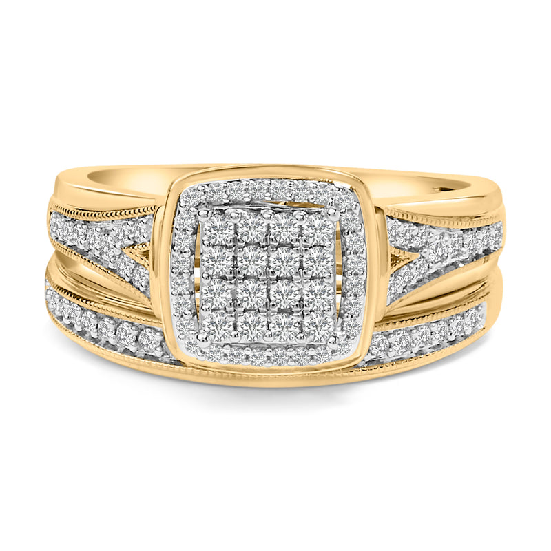 Bids.com 14K Yellow Gold Plated Sterling Silver 1/2 Cttw Diamond Square Cluster Bridal Set Rings