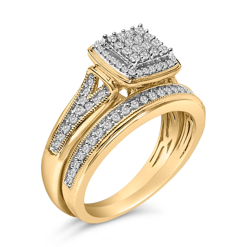 Bids.com 14K Yellow Gold Plated Sterling Silver 1/2 Cttw Diamond Square Cluster Bridal Set Rings