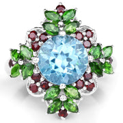 Bids.com 5.76 Carat Genuine Blue Topaz, Chrome Diopside & Garnet .925 Sterling Silver Ring Rings